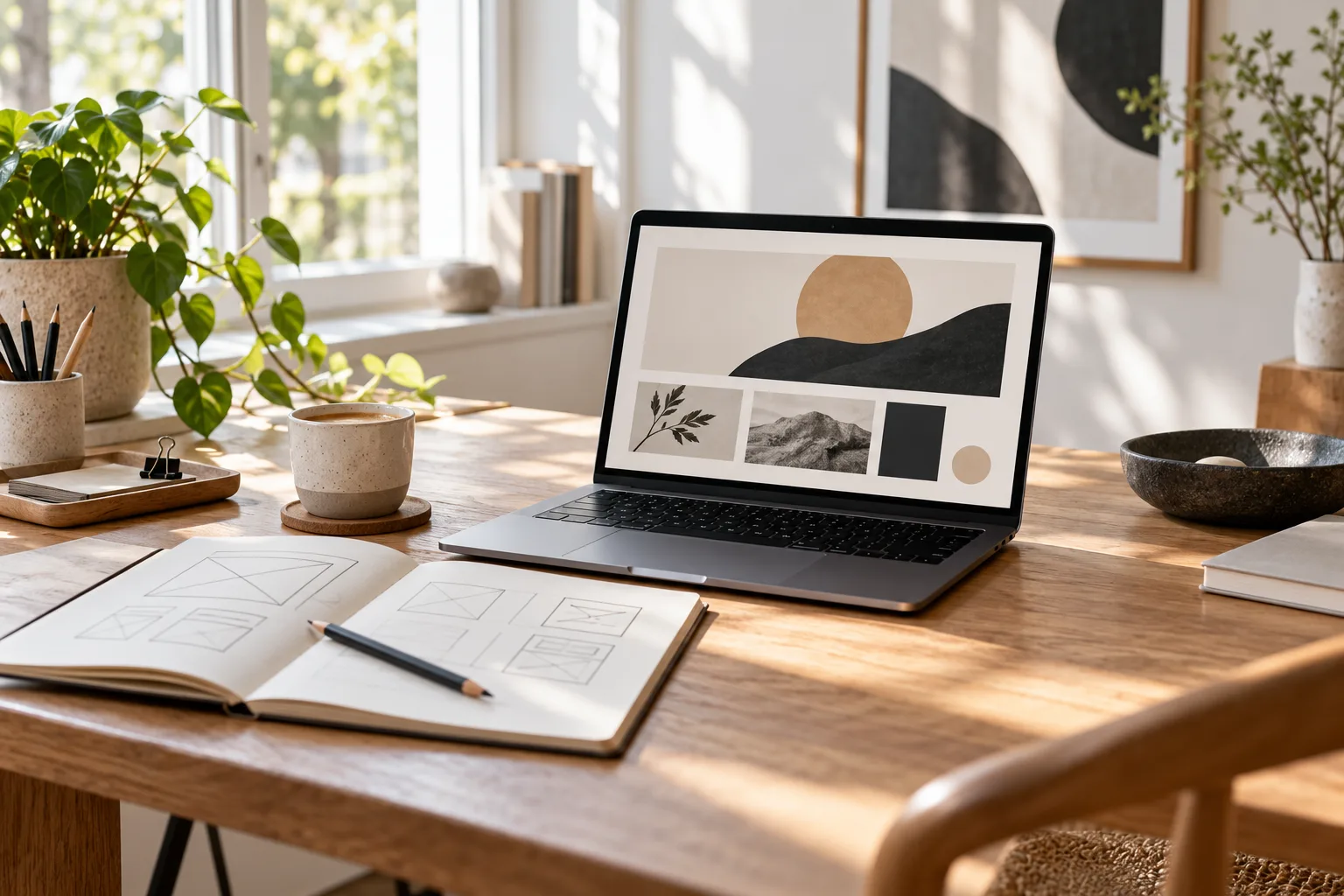 Arbeitsplatz eines Webdesigners mit Laptop und Skizzen für die Planung einer professionellen Website